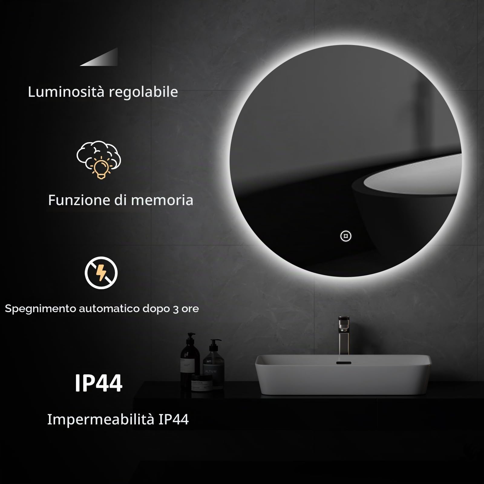 EMKE Specchio da bagno con illuminazione, rotondo, diametro 50 cm, con luce bianca fredda, dimmerabile, funzione di memoria, interruttore touch, IP44, retroilluminato a risparmio energetico