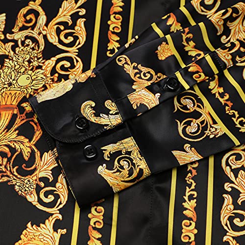 Mens Luxury Brand Printed Silk Like Satin Button Down Dress Shirt for Party Prom Long Sleeve Slim Fit Floral Nightclub Shirt4
