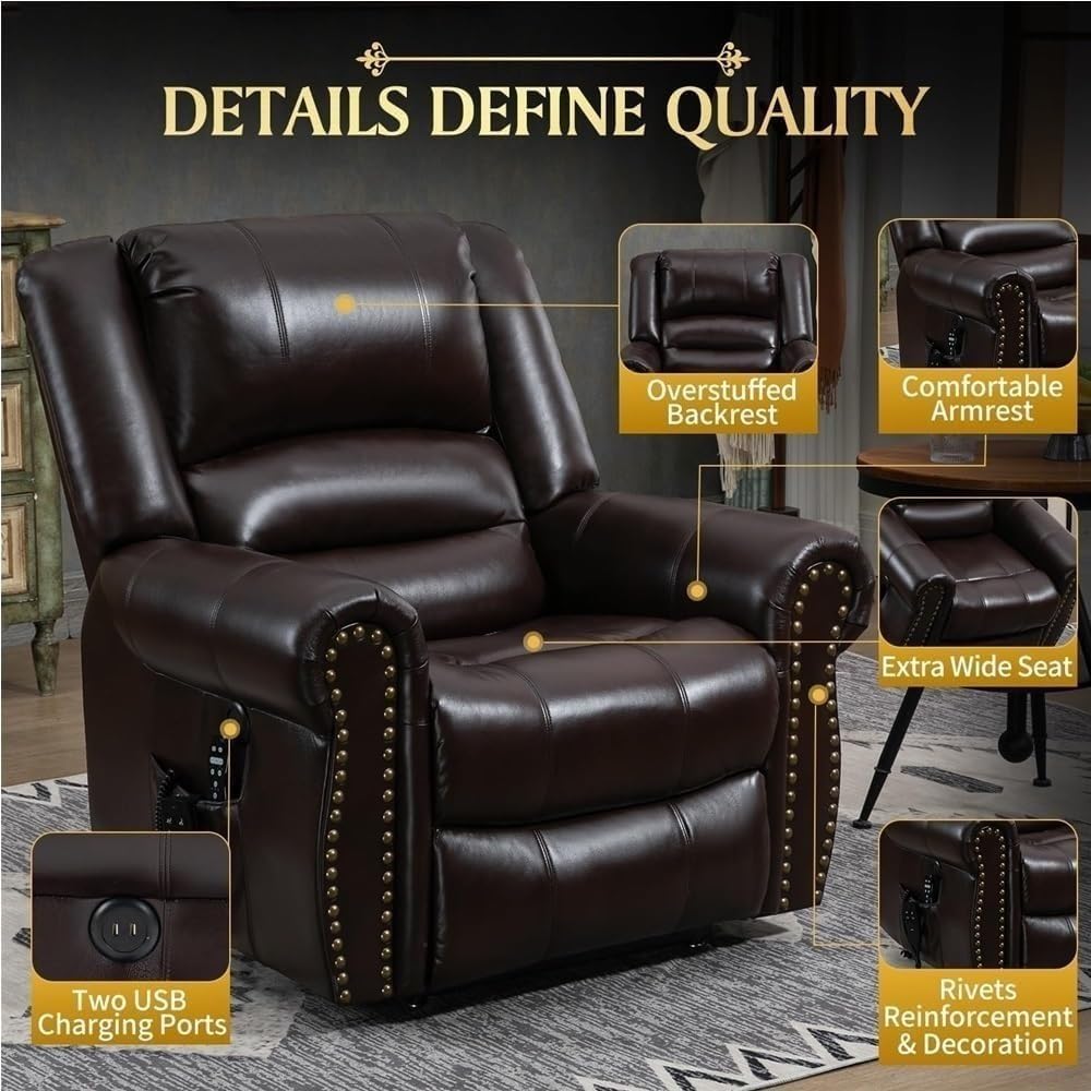 Dual Motor Heavy Duty Electric Lift Recliner for Elderly with Massage Heat Lay Flat Standing Assistance Breathable Leather Wide Seat Chair with USB Cup Holders Remote for Living Room