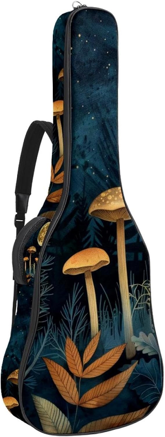 Acoustic Guitar Bag 0.4 Inch Thick Padding Waterproof Guitar Case Gig Bag for 40 41 42 Inch Electric Bass Classical Guitar, Mushroom Moon Vintage Boho Night Plants Leaves