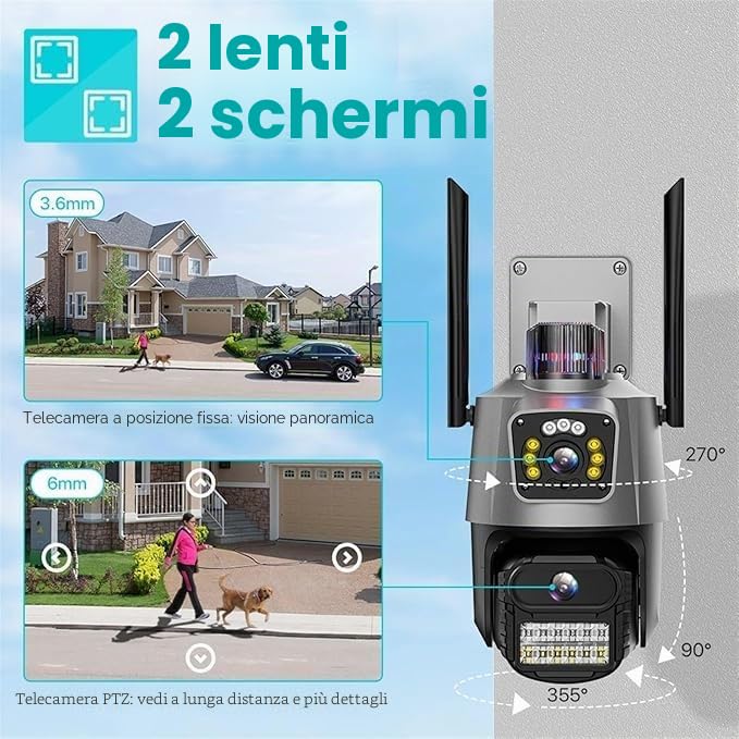RVT SECURITY Telecamera IP 4K 6MP Esterna WiFi PTZ, CCTV Doppio Obiettivo, Zoom 8X, Visione Notturna a Colori Audio 2 Vie Smart WIFI Camera ICSEE Audio bidirezionale