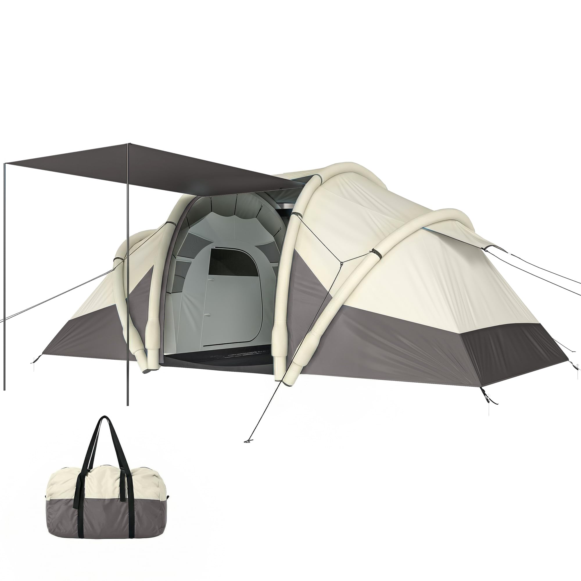 Outsunny Tente de Camping Gonflable 2-4 Personnes avec Pompe, 2 Chambres et Séjour - Tente Tunnel Familiale Imperméable 3000mm - 4,85m avec Valve de Décharge et Auvent, pour Camping, Gris