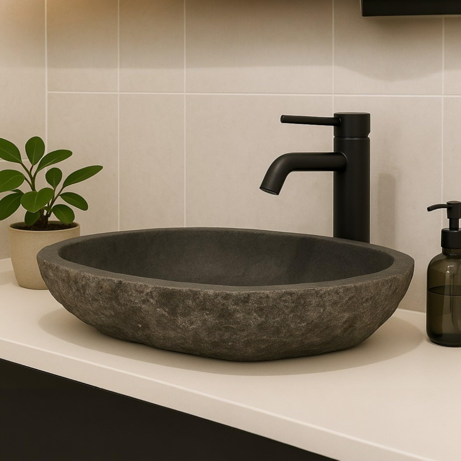 Waschbecken oval Flussstein - Naturstein - Waschtisch für Badezimmer - Aufsatzwaschbecken - Handwaschbecken - Grau (Grau, 46-53x34-40cm)