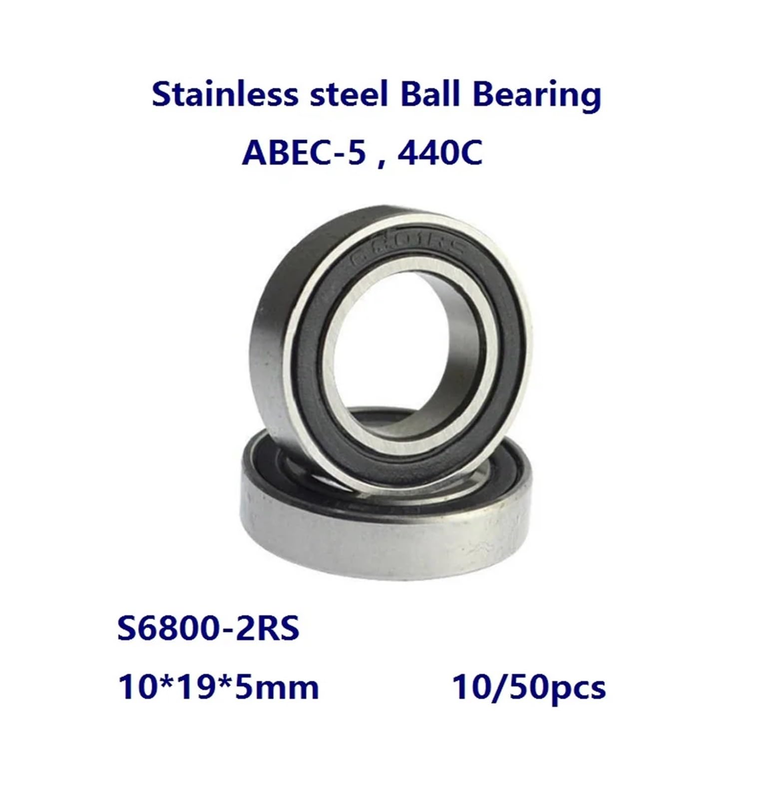 Rodamiento rígido de Bolas de Acero Inoxidable ABEC-5, 10/50 Unidades, S6800-2RS, 10 x 19 x 5 mm, con Doble Cubierta de Goma, 10 x 19 x 5 mm(50pcs)