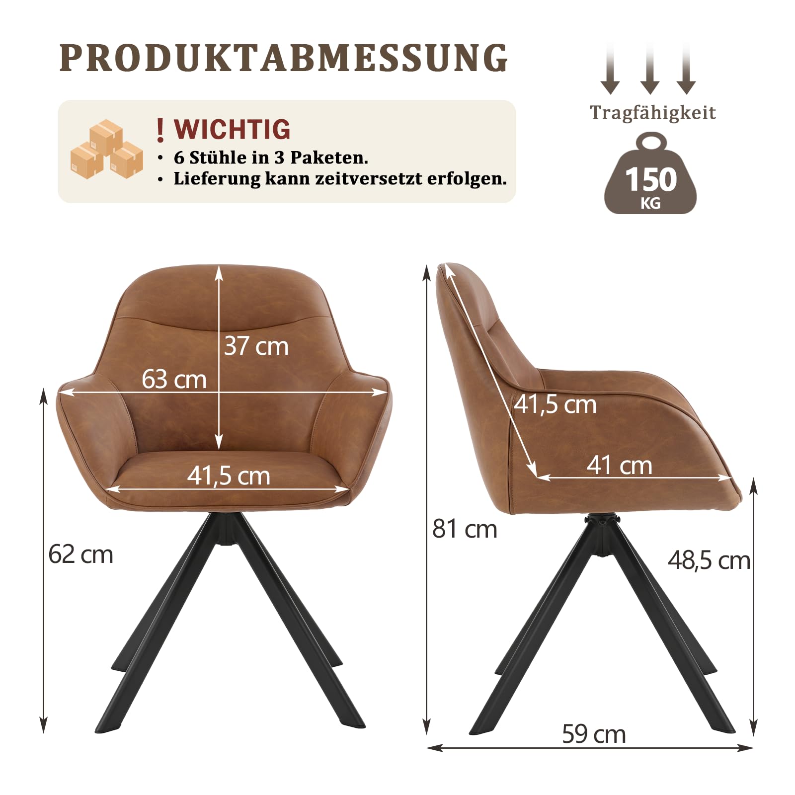 Esszimmerstühle Drehbar 6er Set mit Armlehne, 360° drehbar, Polsterstuhl Kunstleder, Drehstuhl Esszimmer, Küchenstuhl mit Metallbeine für Esszimmer, Küche, Braun