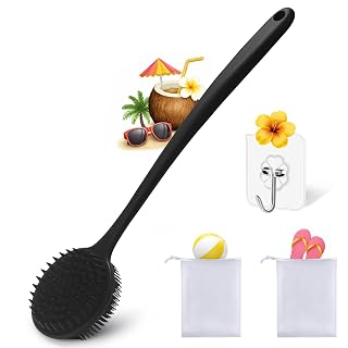 Silicone Body Scrubber for Shower Men Women – Dual-Sided Exfoliating & Massage Shower Brush with Long Handle, Creates Rich Lather, Includes 1 Hook & 2 Lather Balls (Black). - Amazon product rated Grade A