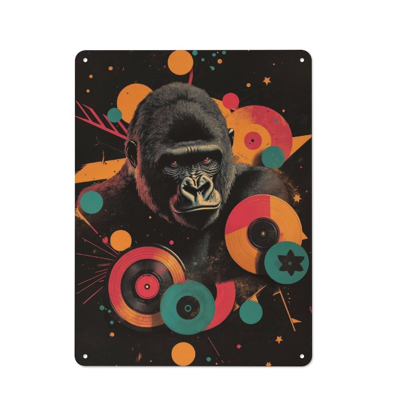 Junmoney Gorilla With Records Digital Art Gorilla Urb An Jungle Rustic Metal Wall Sign 40X30cm For Studio Or Craft Room, For Vintage Wall Decor Fans, For Themed Room Decoration
