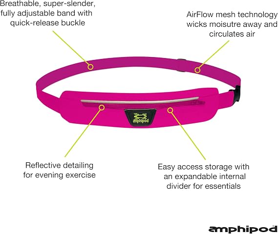 Amphipod AirFlow MicroStretch Belt, Ultra-Light Minimalist Runners Waist Pack Bag for Running, Jogging, Men & Women - Pink/Silver - L