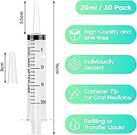 Vista 2 de JOLLY PARTY 30 Pack 20mL Syringes, Plastic Syringes with Catheter Tip and Cap, Individually Sealed Feeding Syringe For Dogs, Measuring Syringe For