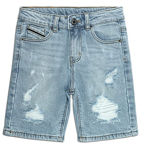 KIDSCOOL SPACE Boys Slim Fit Mid-Thigh Denim Shorts, Ripped Soft Elastic Band Inside Half Jean Pants