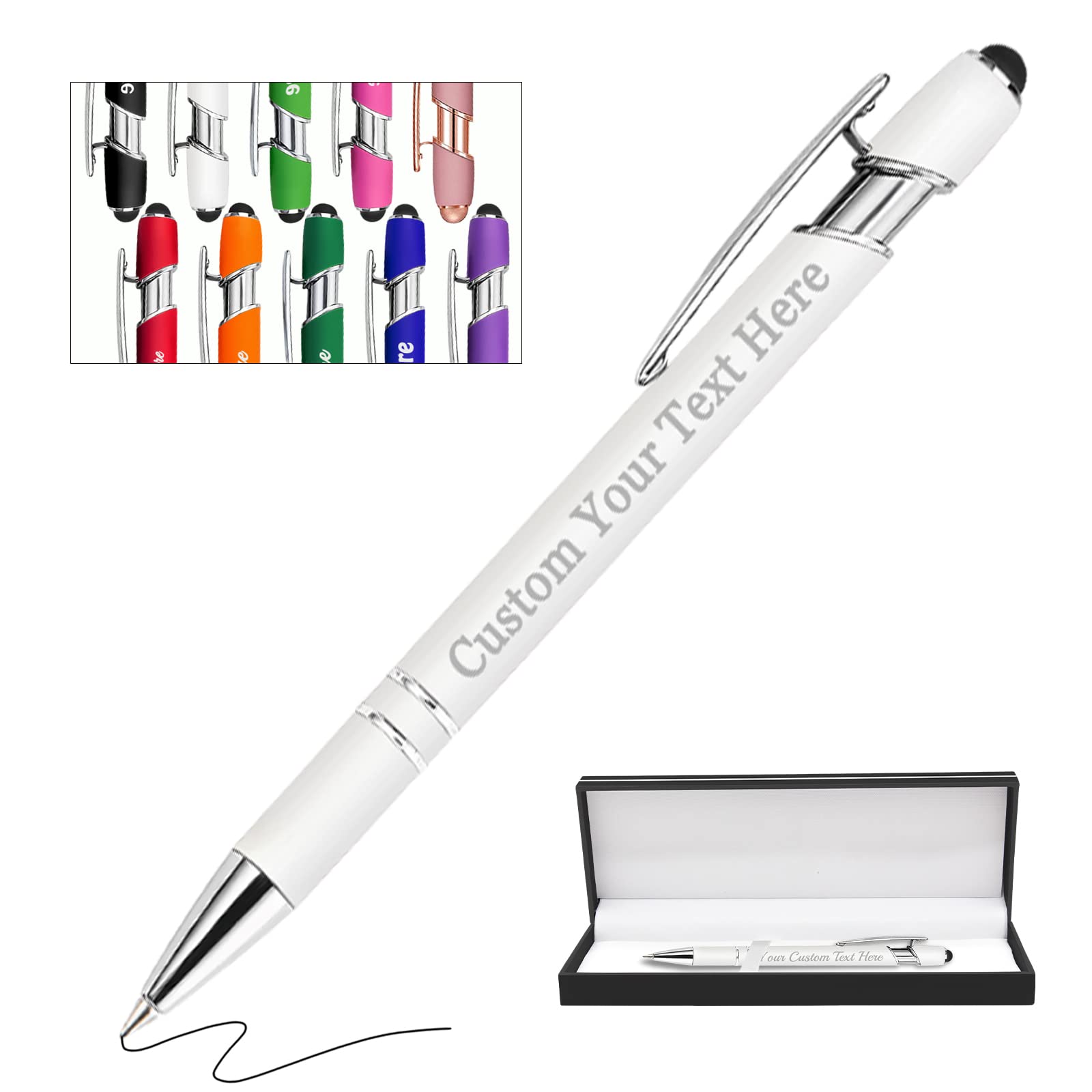Personalised Pens Bulk Custom Pens with Logo Name Free Engraved Stylus Ballpoint Pens Customised Retractable Pen Message Text Gift for Men Women Black Ink Business Graduation Birthday White