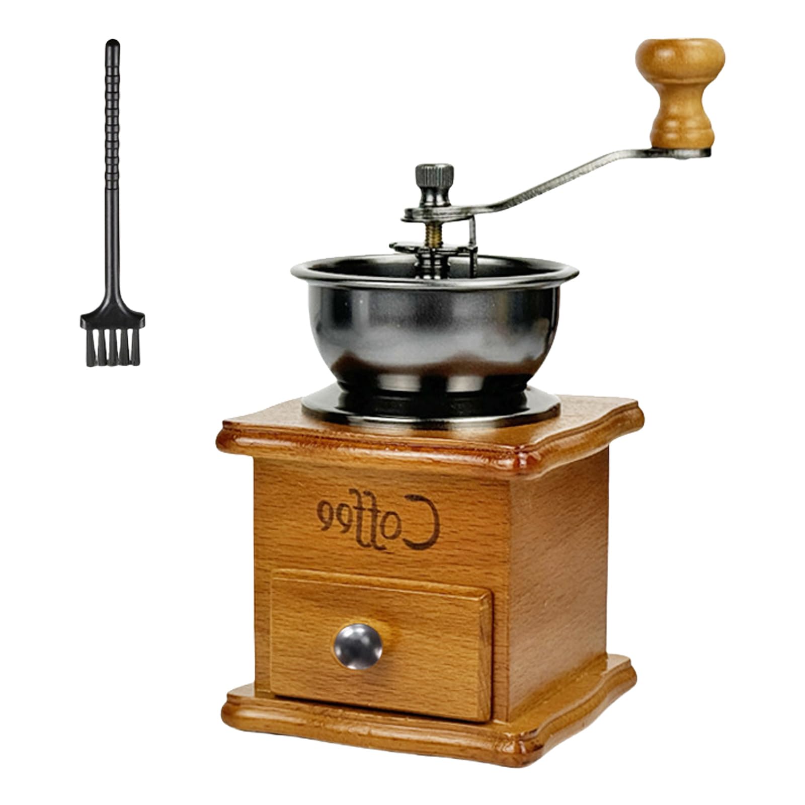 MALSSE Classical Hand Cranks Coffee Grinder with Ergonomic Wood Handle 15 Grinding Size Option Built in Bristles Brush Coffee Grinder with Cleaning Brush