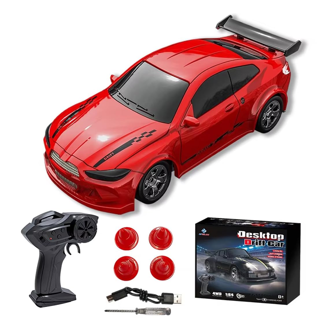 LenyKingPro 1/64 RC Drift Car, 2.4G 4WD Remote Control High Speed Mini Racing Car, Electric Racing RC Sports Car with Full Proportional Control - RTR Version (Red)