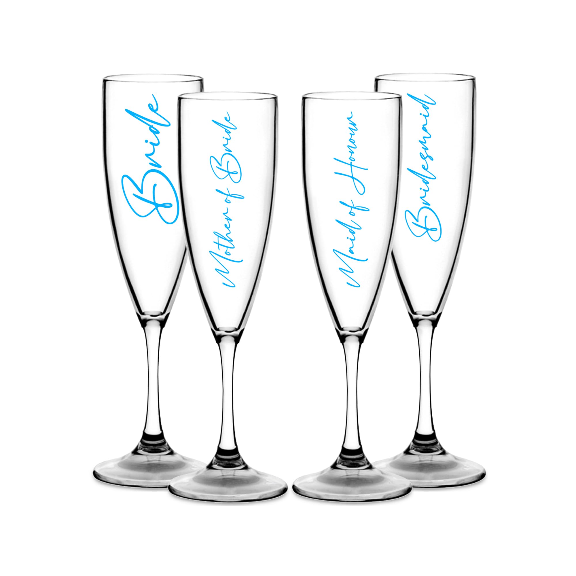 Print Maniacs Champagne Premium Clear Flute Glass Bride Groom Mr Mrs Wedding Maid Honour Wine Cocktail Prosecco Celebrations Gift (Baby Blue, Set of 4 Brides Side Set)