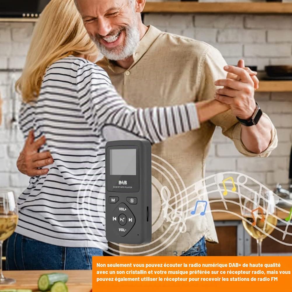 Richer-R Lecteur MP3, portable DAB/DAB + récepteur radio numérique de poche, lecteur MP3 Bluetooth avec écran LCD de 1,8 pouces, support casque mains libres, fonction radio FM