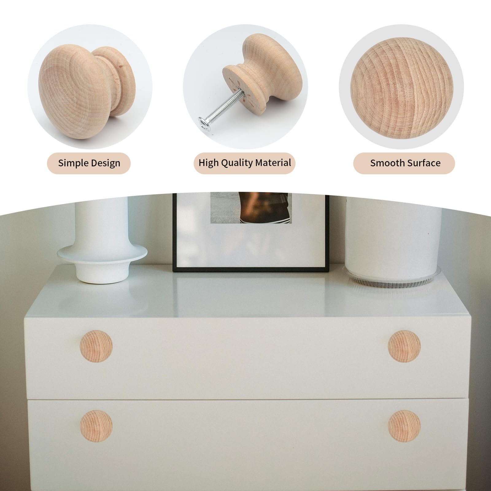 Roellgs20PCS Wooden Knob, 35MM Round Vintage Drawer Knob, Wooden Kitchen Cabinet Door Drawer Handle, Wardrobe Furniture Screw Door Handle (35mm) - Image 4