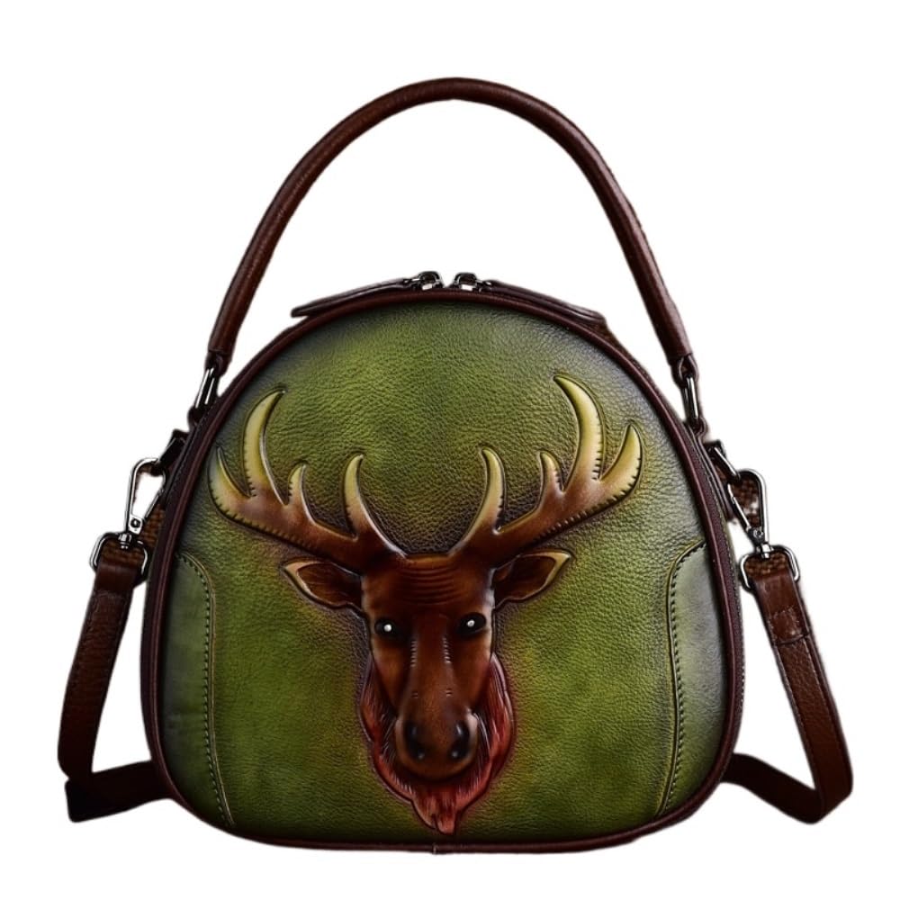 Minimalist Women's Top-Grain Leather Crossbody Bag - Retro Embossed Crescent Handheld Bag, Vintage Style(Green)