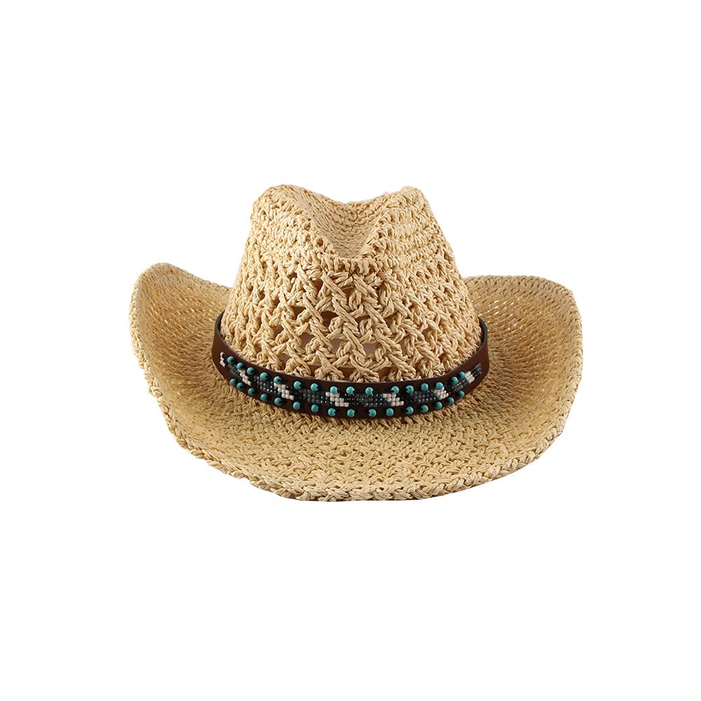 Cauplse Classic Western Style Rolled Cowboy Hat with Beaded Band, Hollow Cowboy Straw Hat for Men Women Outdoor Travel Wing Hat for Sun Beach,-Khaki|