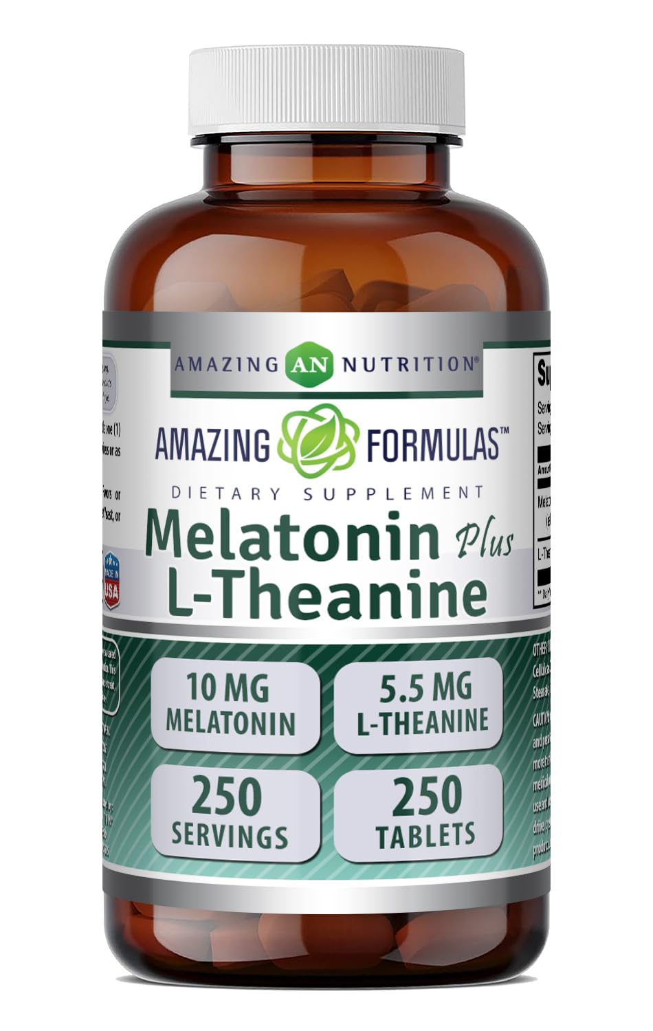Amazing Formulas Melatonin 10 Mg Plus L-Theanine 5.5 Mg Supplement | Tablets | Gluten Free | Made in USA | (1 Pack, 120 Tablets) — Amazon image 6
