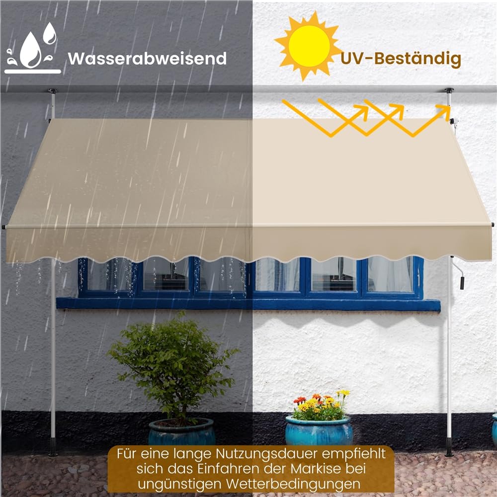 Yaheetech Klemmmarkise 300cm Breit Balkonmarkise mit Handkurbel Sonnenschutz ohne Bohren Sonnenmarkise höhenverstellbar Markise mit Gestell, Beige