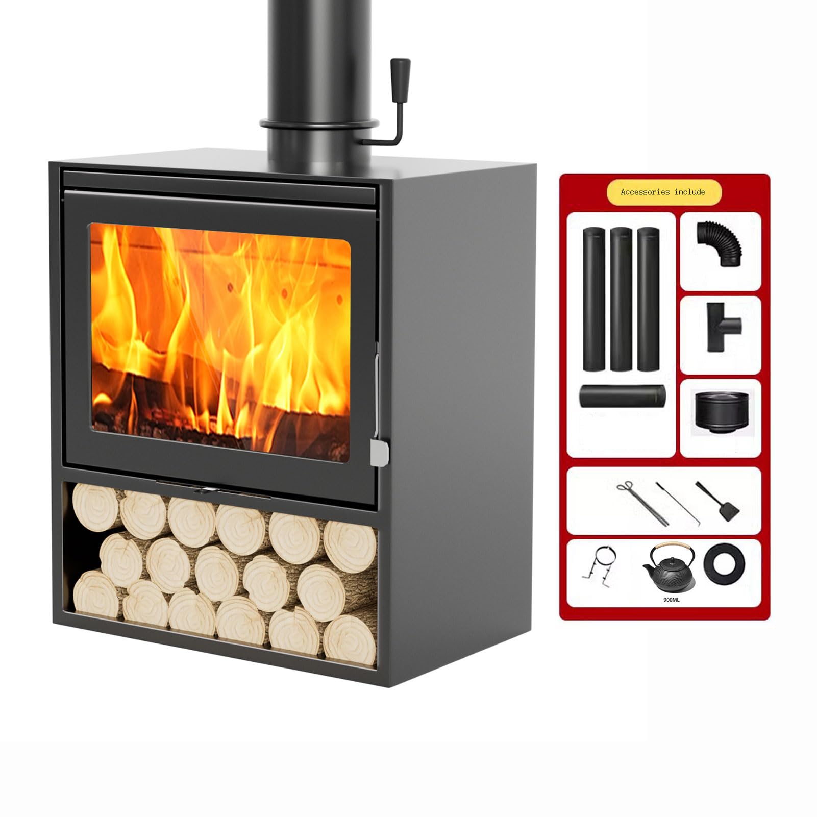 Estufa De Leña De Hierro Fundido,Estufa De Leña Interior,Estufa De Leña Nueva,Estufa De Calefacción,Chimenea para Calentar Habitaciones, con Ventana De Vidrio Cerámi(Size:85x60x49cm)