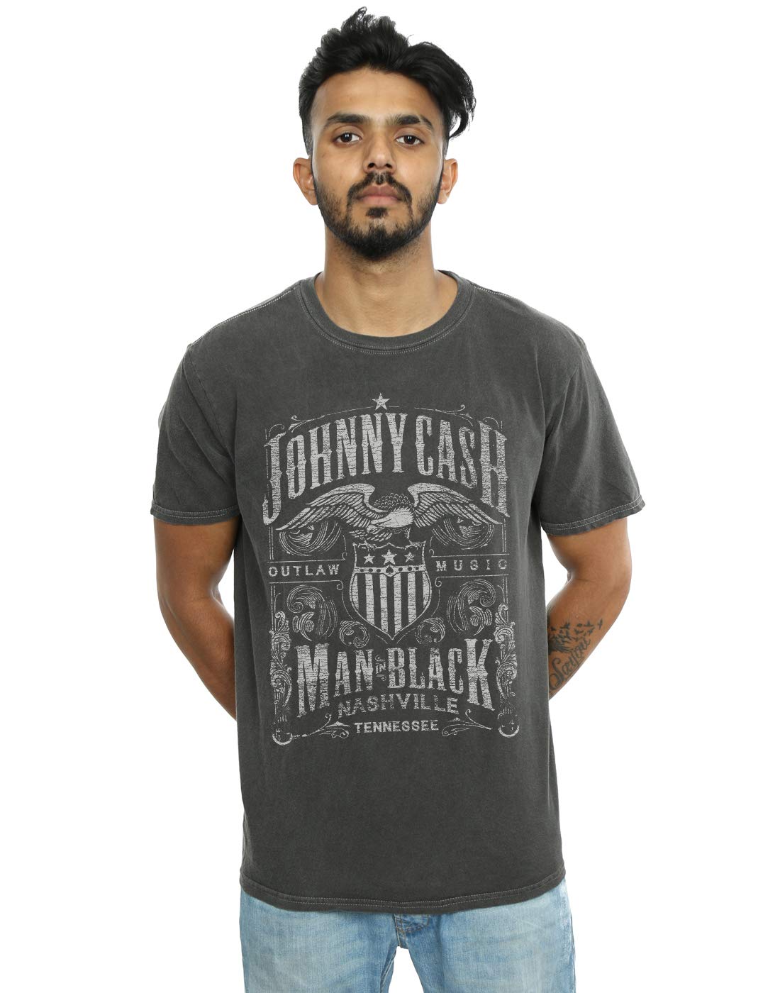 Absolute Cult Johnny Cash Men's Nashville Label Washed T-Shirt Charcoal XX-Large