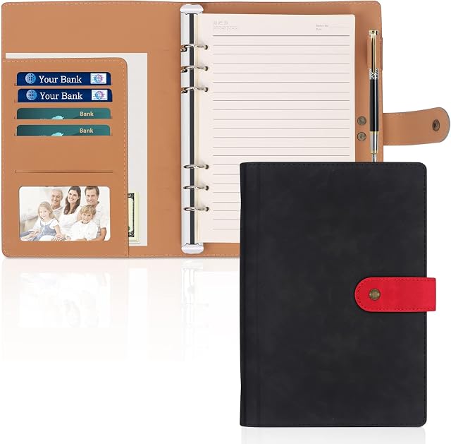 FYY Leather A5 Ring Binder Notebook, 6 Ring A5 Binder with A5 Refill Papers, Travel Binder Journal Personal Planner with Ring Binder Black