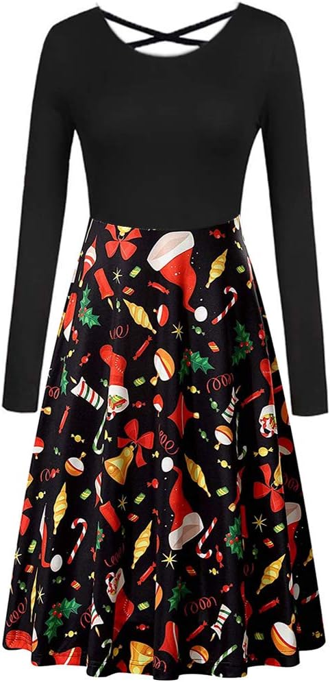 Womens Christmas Dresses Casual Long Sleeve Criss Cross Flared Holiday Dress