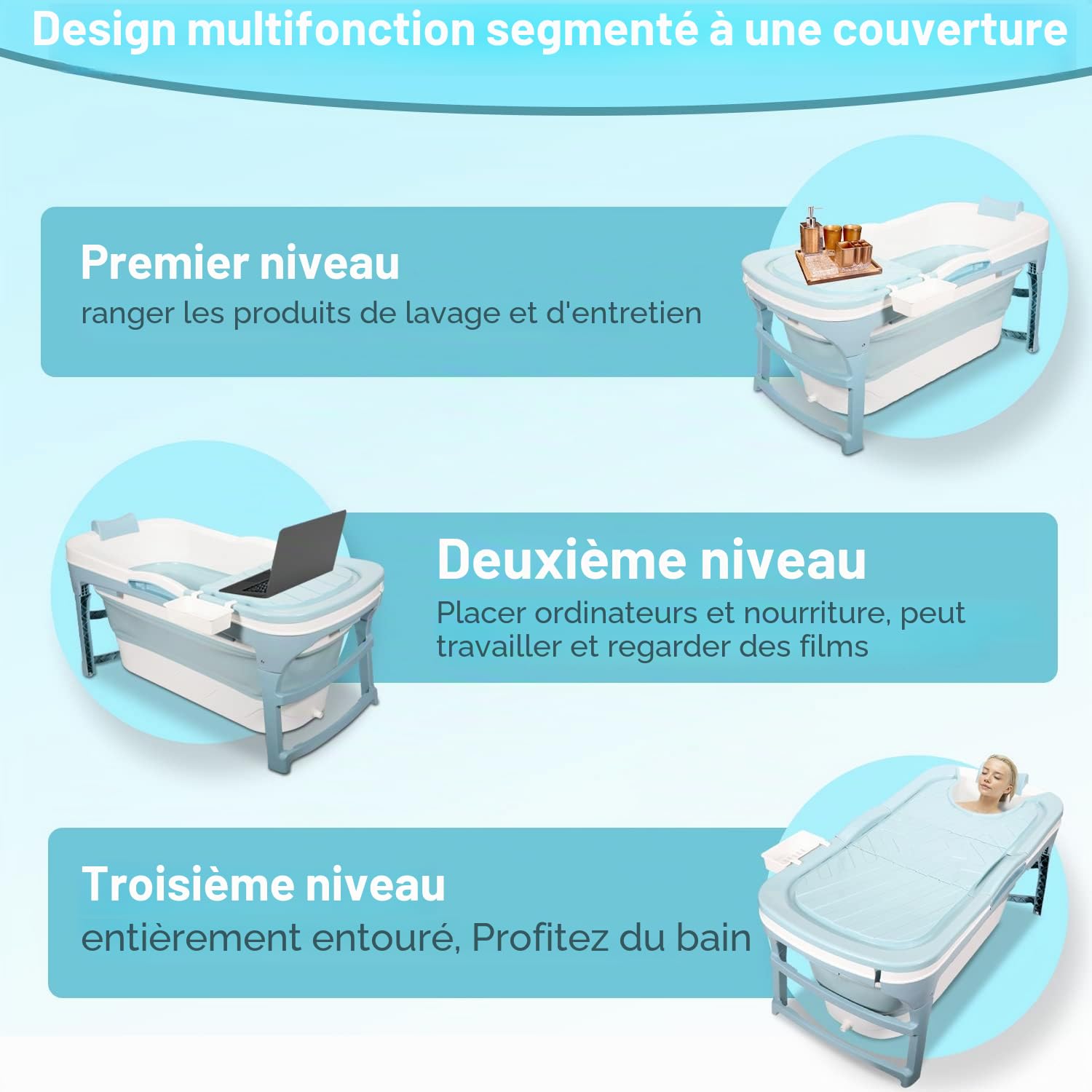 Jopassy Baignoire XXL pliable pour adulte 149 x 60 x 50 cm - Baignoire mobile pliable avec couvercle - Baignoire pliable pour adulte - Avec panier pour salle de bain, balcon et douche