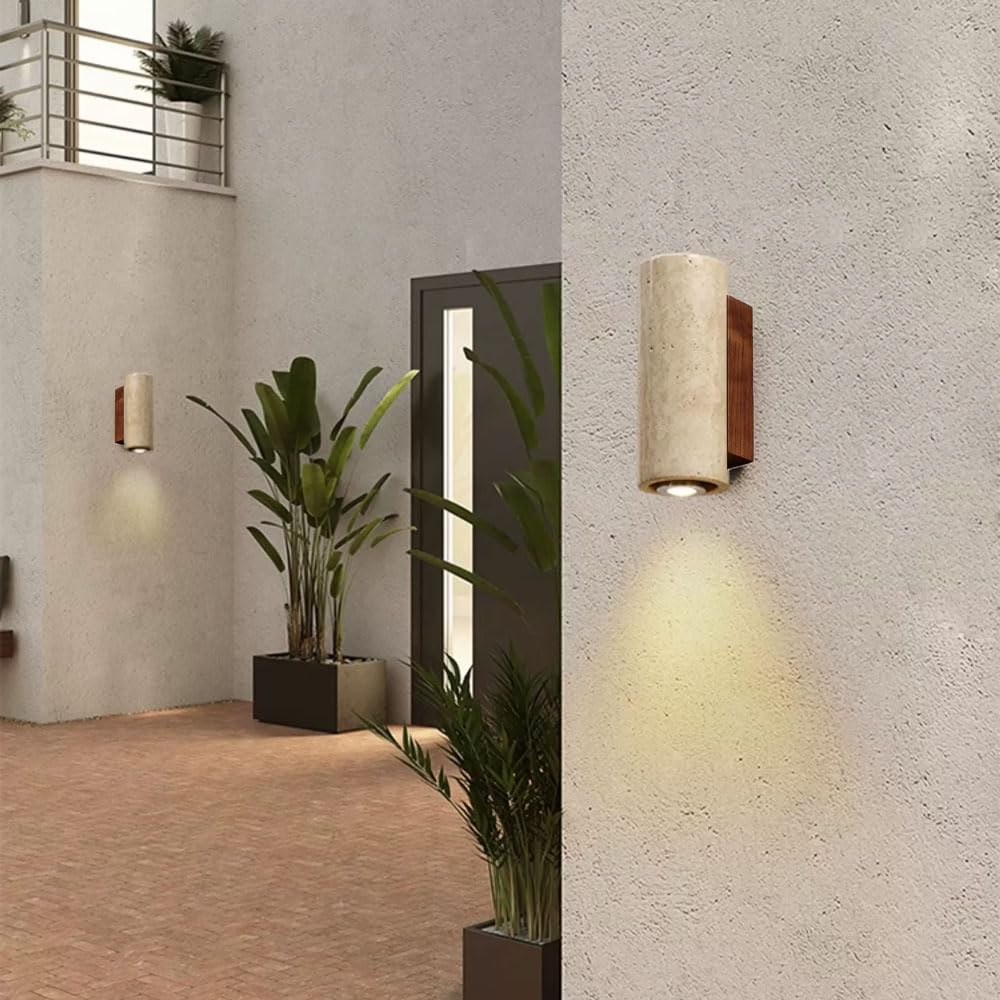 Corps de Lampe en travertin Jaune avec Base Bois, Applique Murale Style campagnard Nordique, à Connexion Fil Dur, luminaires décoratifs for Chambre Coucher, escalier, Salle Manger