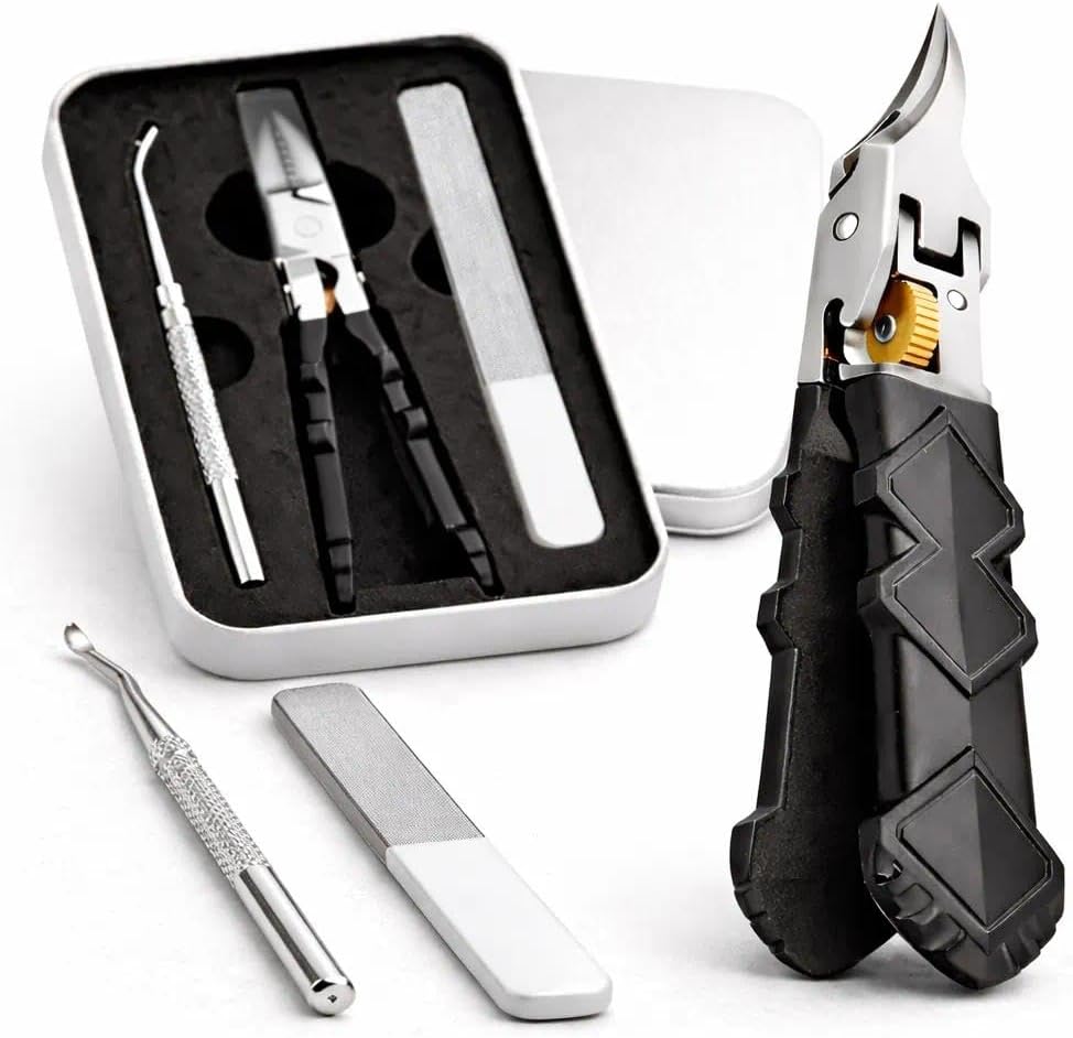 Pro Nail Clipper Set with Gear Lock Black Non Slip Handle Wide Jaw 180 Degree for Thick Nails Ingrown Toenail Clipper Ultra Sharp Stainless Steel Ergonomic Grip Safety Lock Travel Case