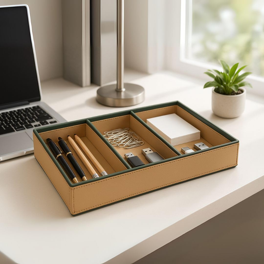 CASA BOTANICAL Desk Leather Organizer Tray with 3 Compartments Stylish | Perfect For Jwelry Organizer, Office, Study, Table, Bedside Tray, Cosmetic, and Decoration | Multi-Functional Storage Beige