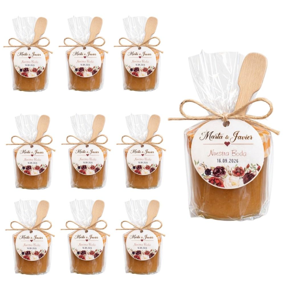 Mini Mermeladas Caseras Personalizadas - Pack 20 Unidades - Detalles para Bodas, Comuniones y Bautizos - 40g, Sabores Surtidos - Sin Gluten - con Cucharita - Producto de España