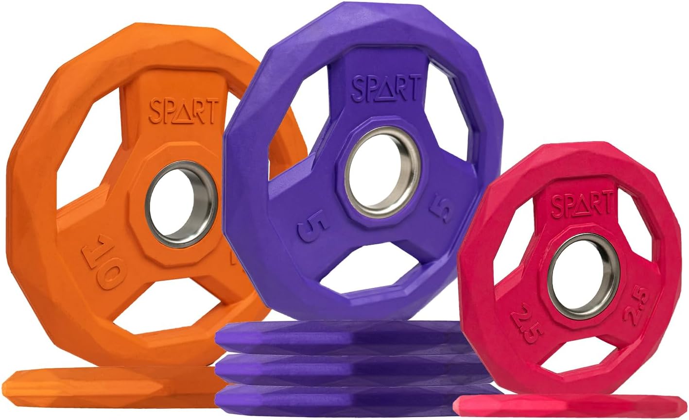 SPART Placa de peso con código de color de 2 pulgadas, placa de agarre olímpico con revestimiento de goma para barra, placas de peso de hierro