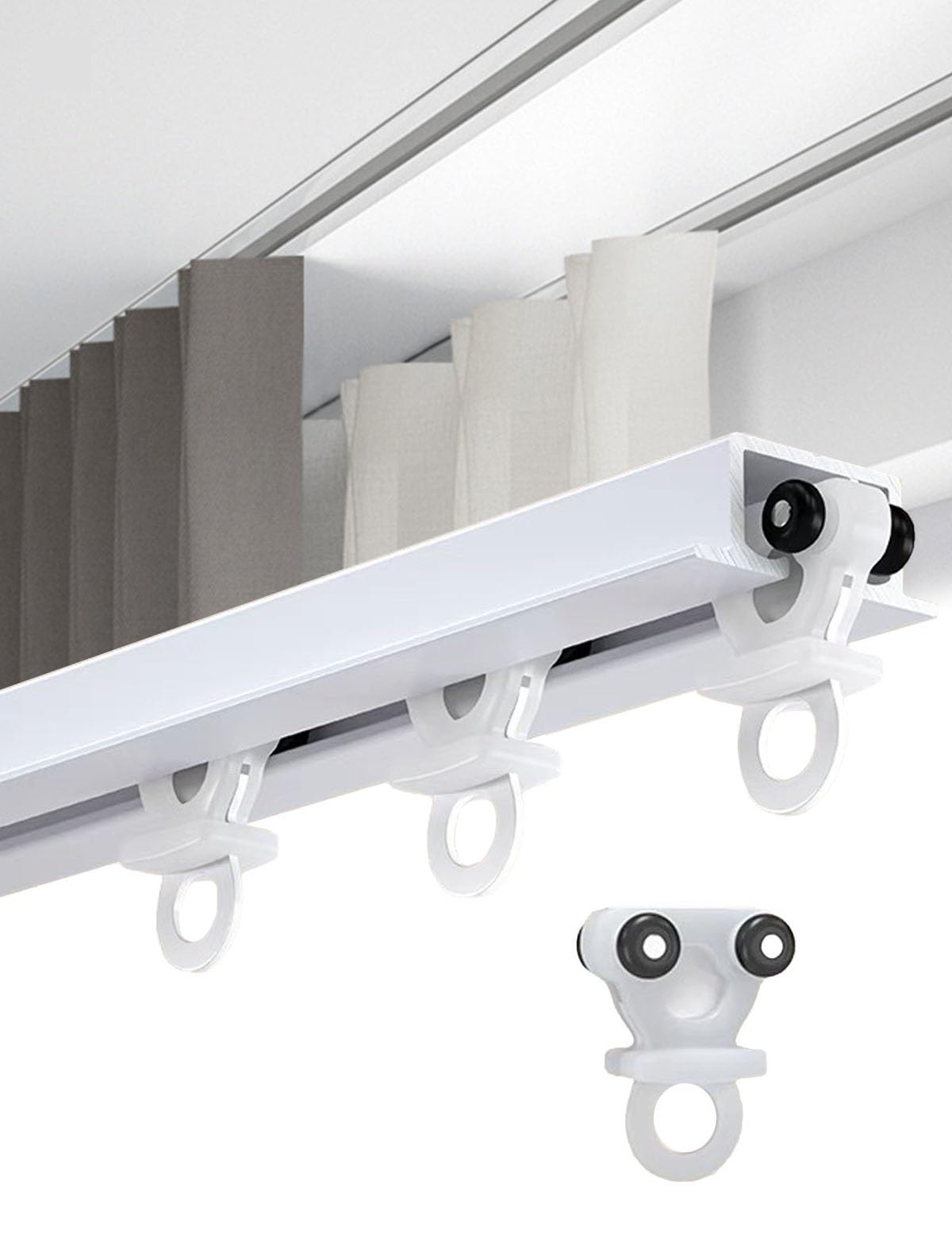 Riel Cortina Techo Invisible, Riel Empotrado con Rodillos Silenciosos, Balcón, Ducha, Sistema de Riel de Cortina