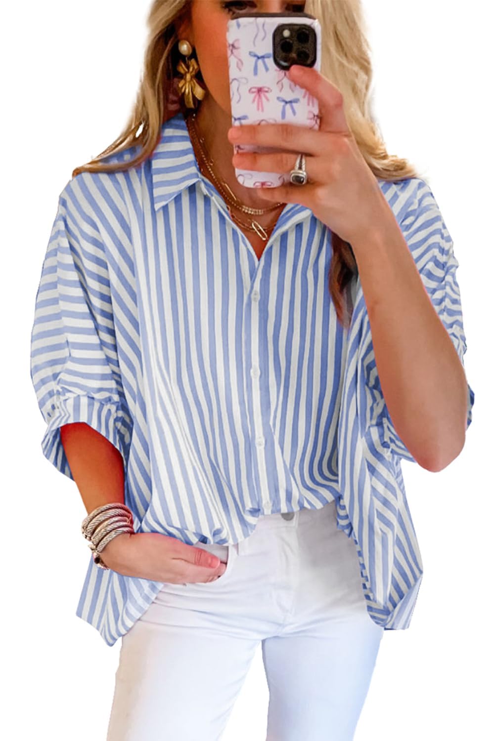 Women 2024 Summer Stripe Dolman Sleeve V Neck Oversize Shirt Tops Casual Button Up Short Sleeve Striped Blouse Medium Sky Blue