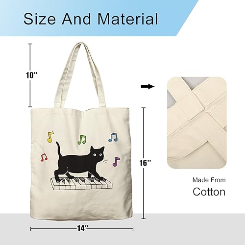 Miniatura 6 de Dlzdn Bolsa de lona con diseño de gato negro para mujer, estética, divertida, bonita, para jugar al piano, bolsa de compras para comestibles, bolsa