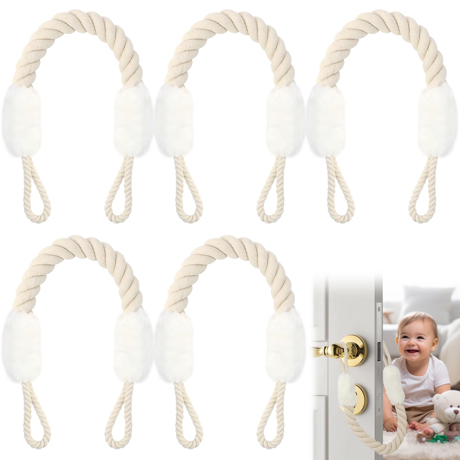 TYBYBB Türstopper Klinke 5 Stück Baumwolle Türkordel Klemmschutz für Türen, Türkordel Weiß, Tür Klemmschutz für den Schutz von Fingern, Haustieren und Kinder, aus Kordel 60 cm