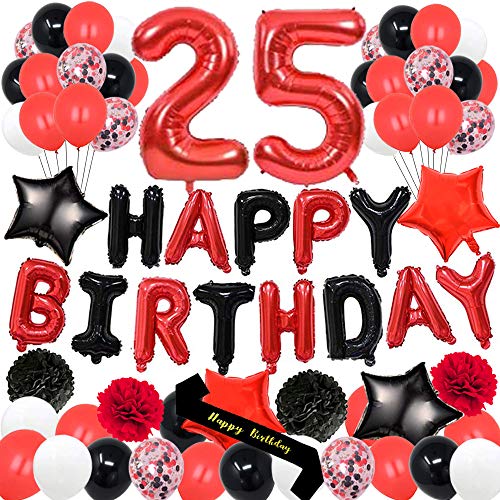 yujiaonly 25th Birthday Party Decorations-Happy Birthday Foil Ballons Banner Red Number 25 Happy Birthday Sash Latex Balloons Perfect for 25 Years Old Party Supplies Balloons Number 25 Red