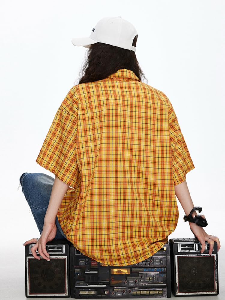 Chemise Femme à Carreaux Jaune à Manches Courtes Brodée Lettres