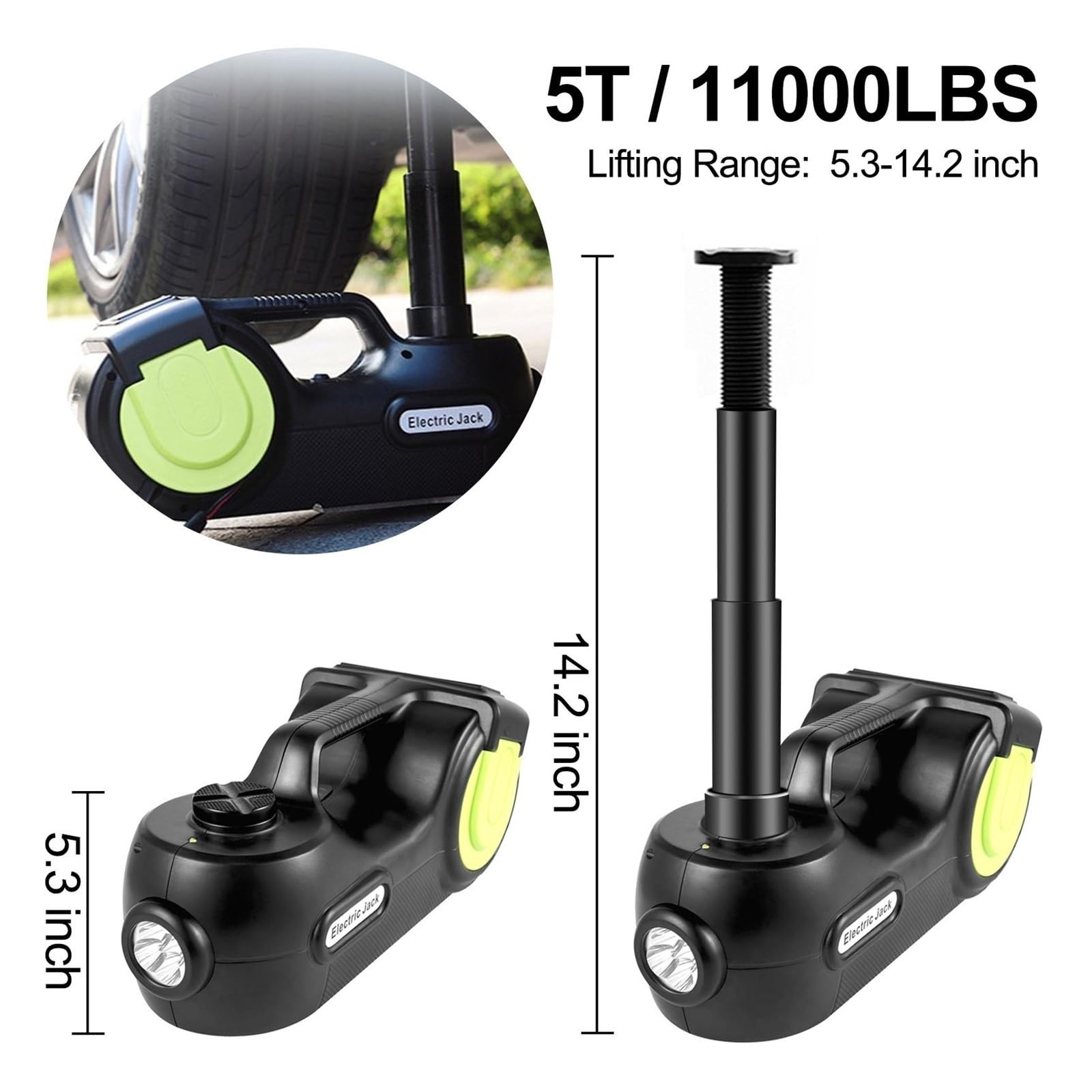 Zestaw podnośnika samochodowego 5 ton 12 V z elektrycznym kluczem udarowym i światłem LED, przenośny podnośnik hydrauliczny 13,5-36 CM, narzędzie do podnoszenia opon i naprawy samochodów