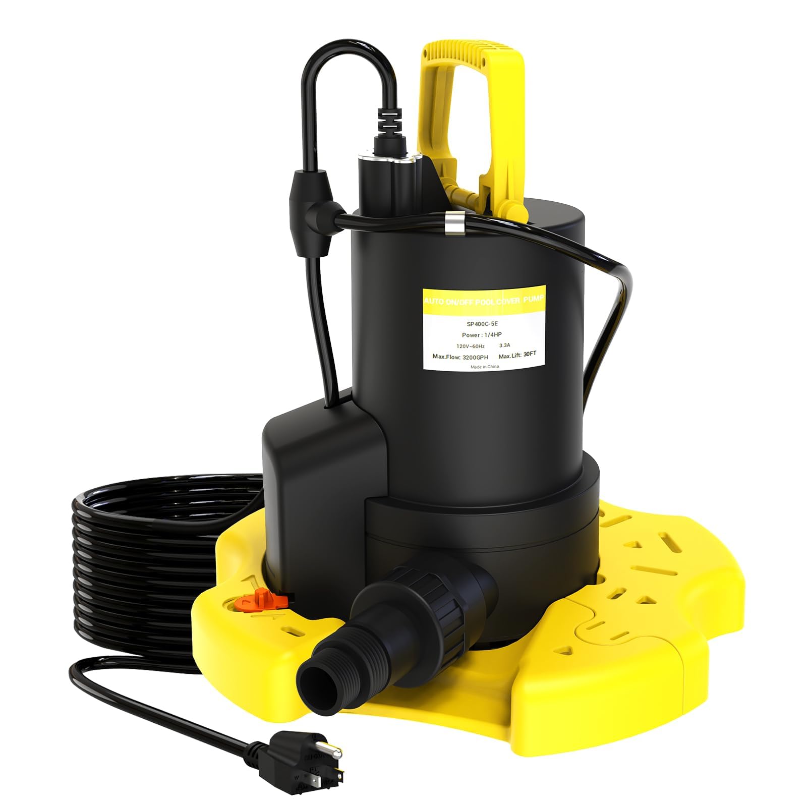 FIOCCO Automatic Pool Cover Pump - 1/4HP 3200GPH Submersible Water Pump with Check Valve, 3 Adapters and 29.5FT Extra Long Power Cord, Sump Pump Water Removal for Pool, Hot Tubs, Basement