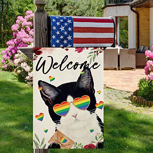 Cmegke Welcome Cat Garden Flag, Lgbt Transgender Pansexual Lesbian Gay Garden Flag Vertical Double Sided Burlap Party Holiday Yard Home Farmhouse Outside Decor 12.5 X 18 In #TOP3