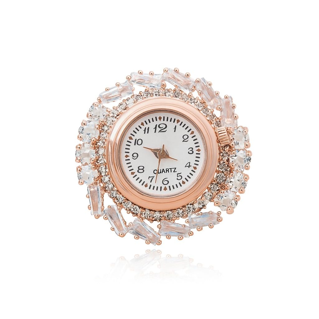 Glamorous Rose Gold Plated Ring Watch Cubic Zircon Stones-image-46