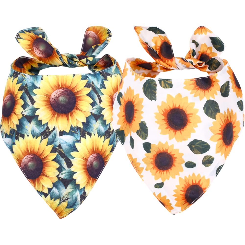 PRESSINART 2Pcs 2 Styles Dog Sunflower Bandana Flower Bandanas for Dogs Double Side Polyester Washable Reversible Adjustable Yellow Green Sunflower Pet Bibs Handkerchief for Small Medium Large Puppy