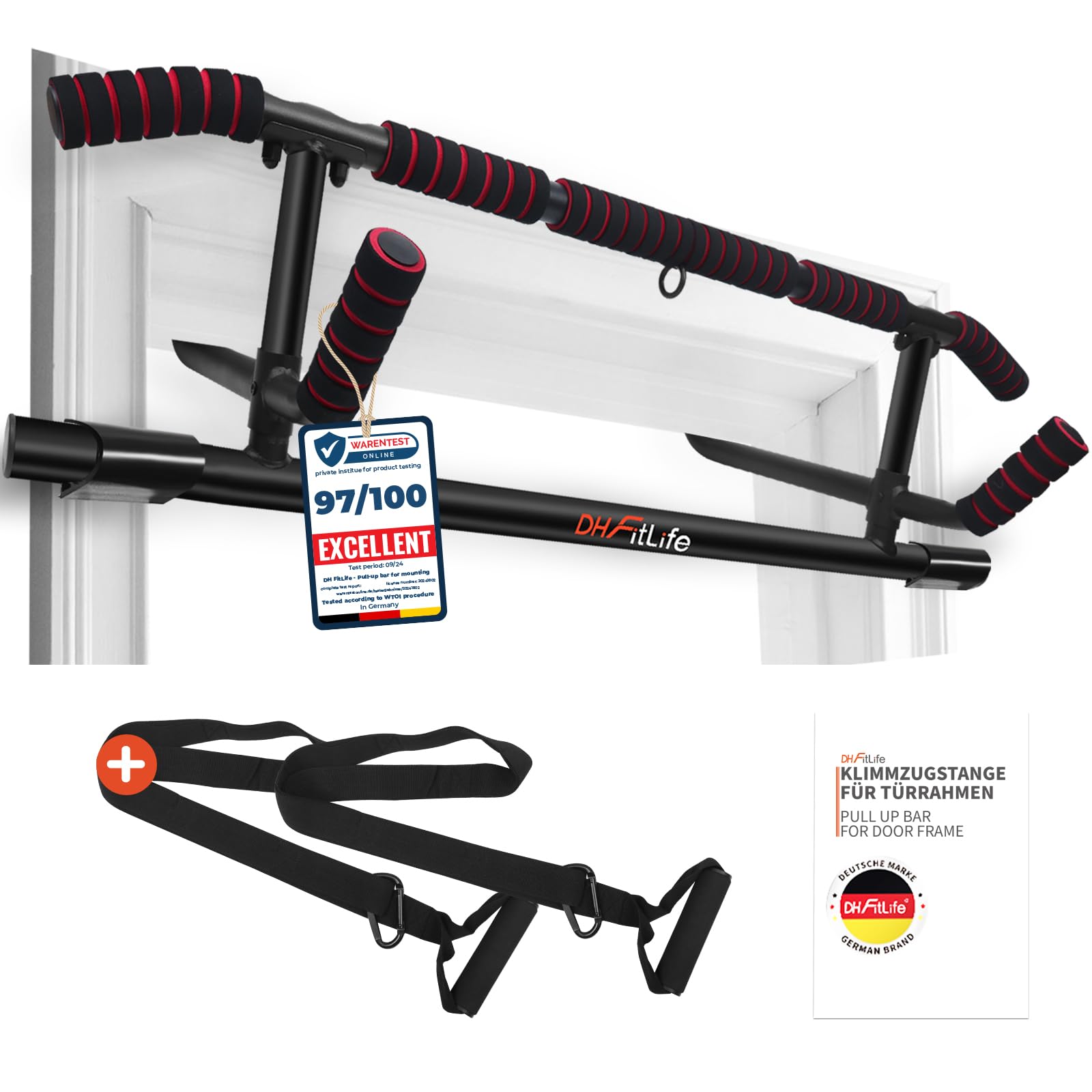 DH FitLife Pull Up Bar Doorway with Multiple Grip Positions, No-Screw Installation, Quick and Easy Set-Up, Foldable Chin-Up Bar with Sling Trainer, Fits Door Frames 70–92 cm