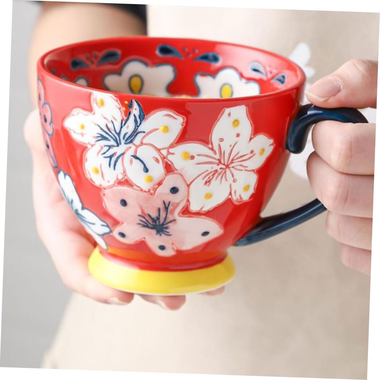 Keramik Frühstückstasse mit Prägung, Handbemalt, Rot, Einfaches Design | Glatter Rand, Bequemer Griff, Leicht zu Reinigen, für Kaffee, Tee, Müsli und Joghurt