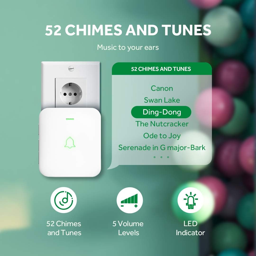 AVANTEK doorbell receiver showing 52 chimes and tunes, 5 volume levels, and LED indicator.