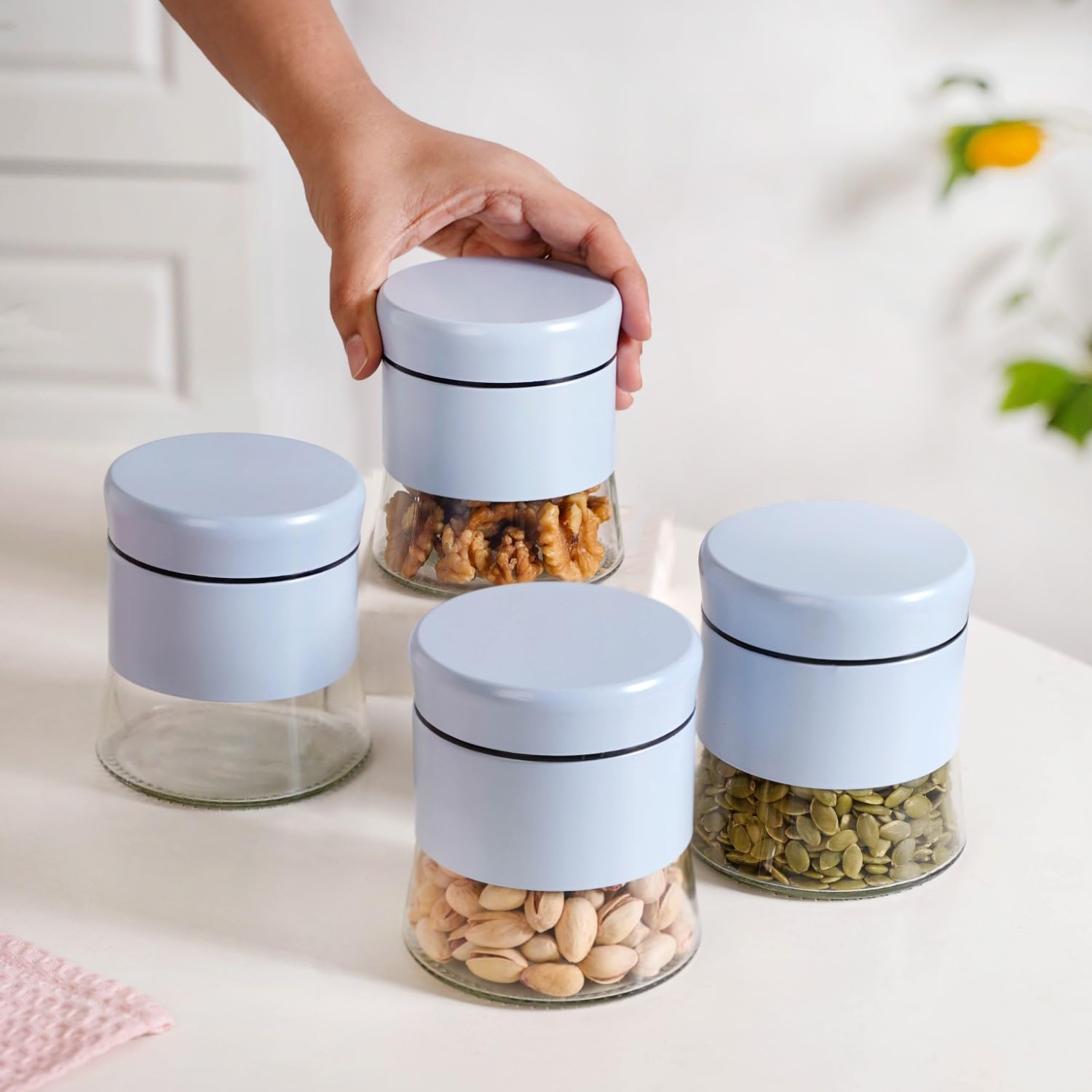 Nestasia Metal Jacketed Glass Jars Set of 4 (600 ml) | Airtight See - Through Glass Containers with Lids for Kitchen Storage - Ideal for Storing Snacks, Dry Fruits, Pickles or Pulses (Pastel Blue)