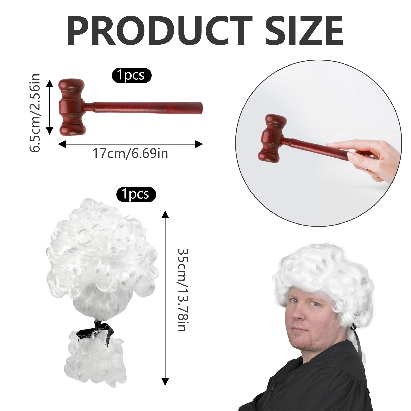 2 Pcs Judge Costume Accessories,White Judges Wig Lifelike And Vivid,Mini Wooden Judge Gavel,Lightweight And Portable,Party Costume Accessories,Cosplay Accessories for Halloween Makeup Theme Party - Image 2